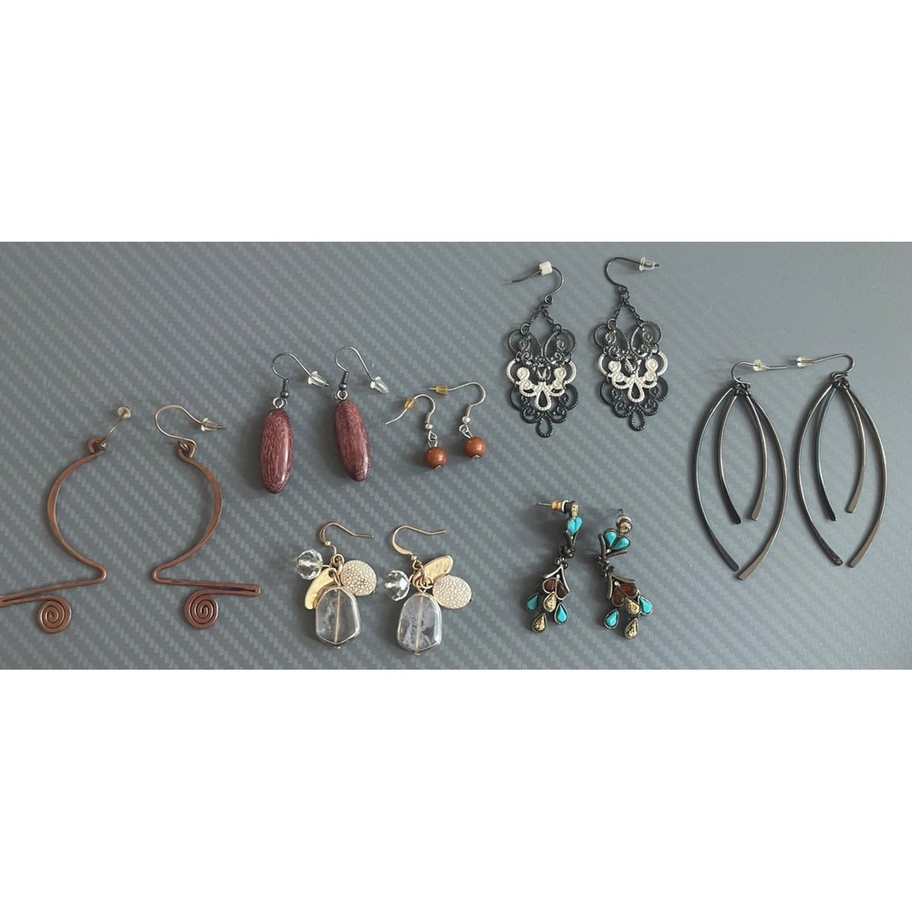 Vintage Lot of 7 Pierced Earrings Studs Dangle Wood Some Metal Mixed